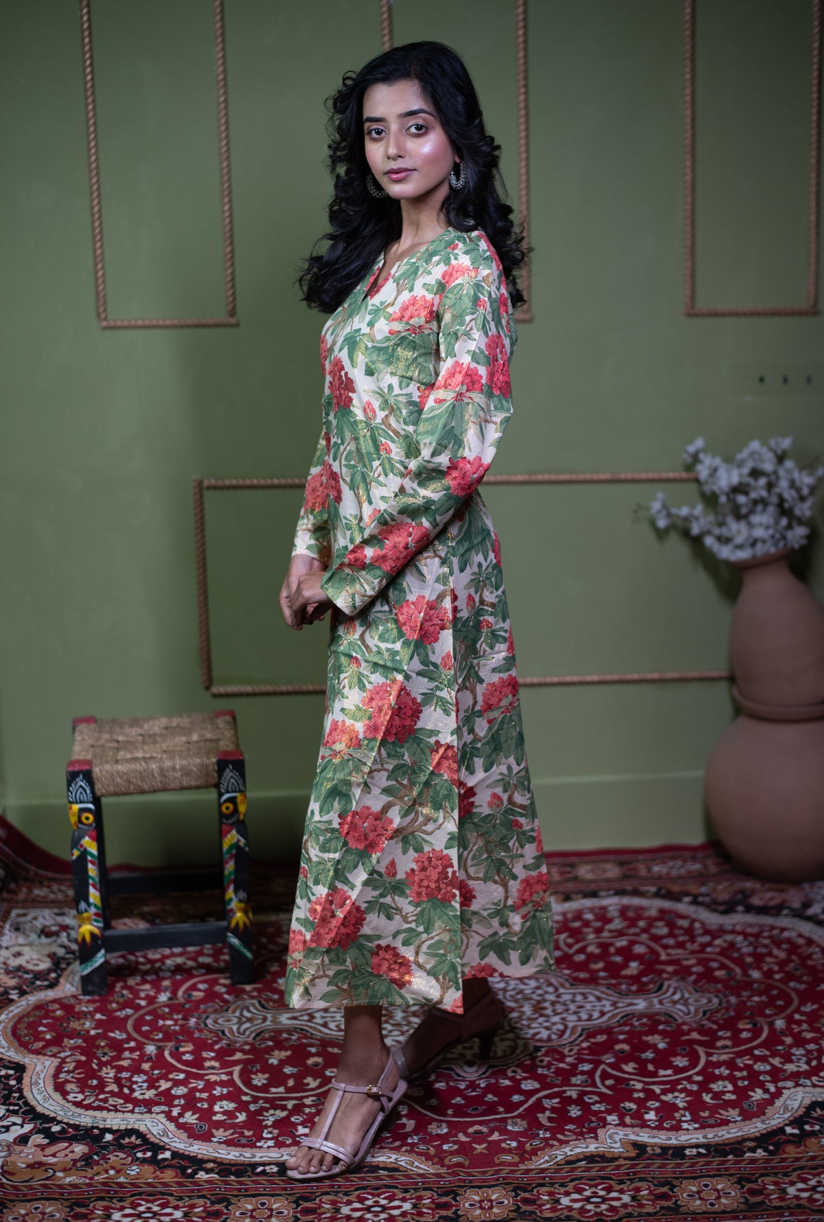Kusum Vintage Rose – Pure Cotton Tissue Long A-Line Kurti