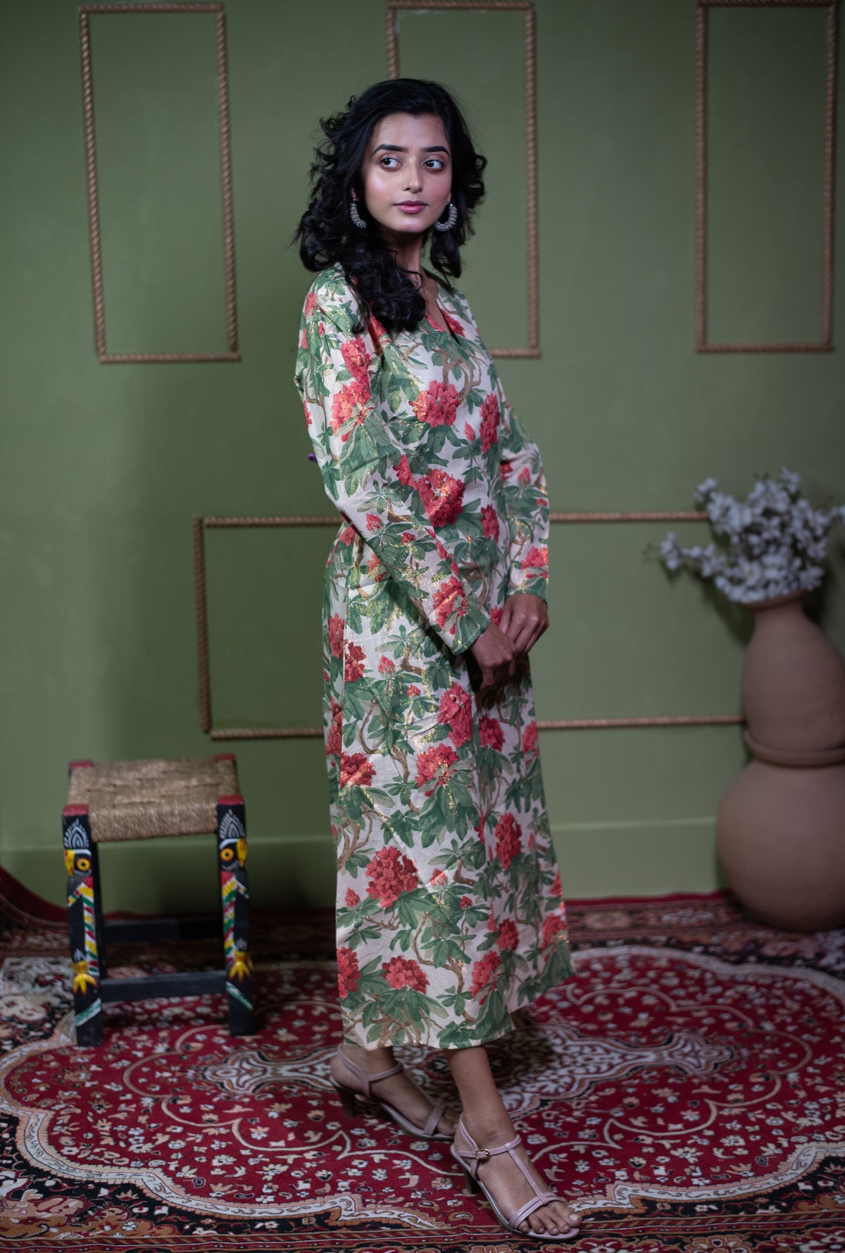Kusum Vintage Rose – Pure Cotton Tissue Long A-Line Kurti