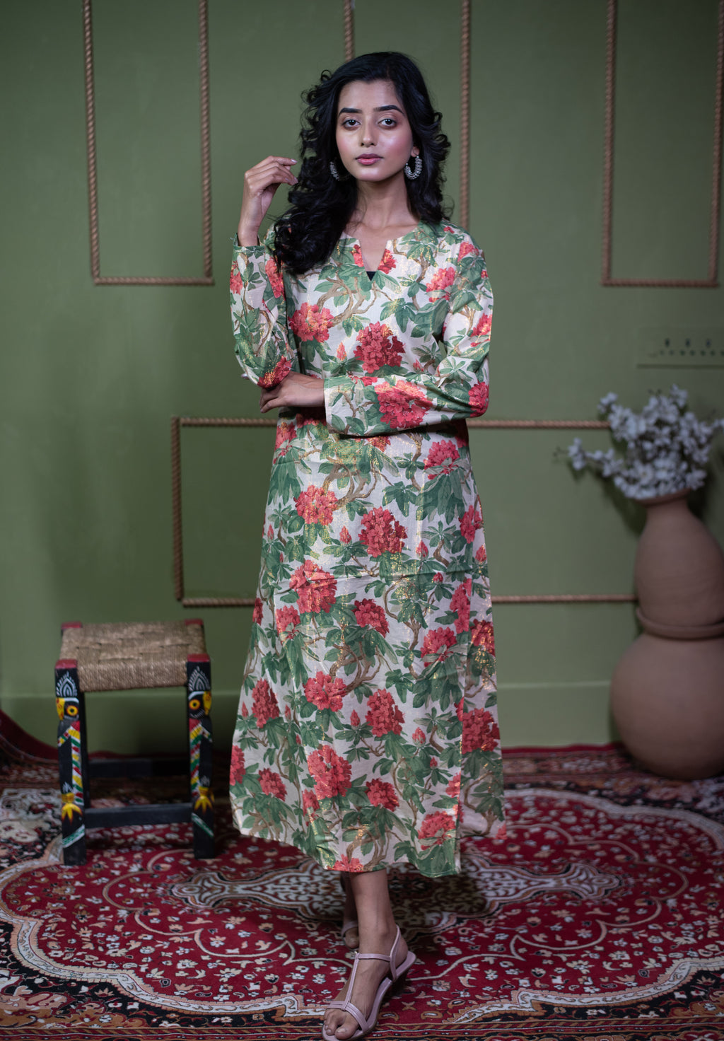 Kusum Vintage Rose – Pure Cotton Tissue Long A-Line Kurti