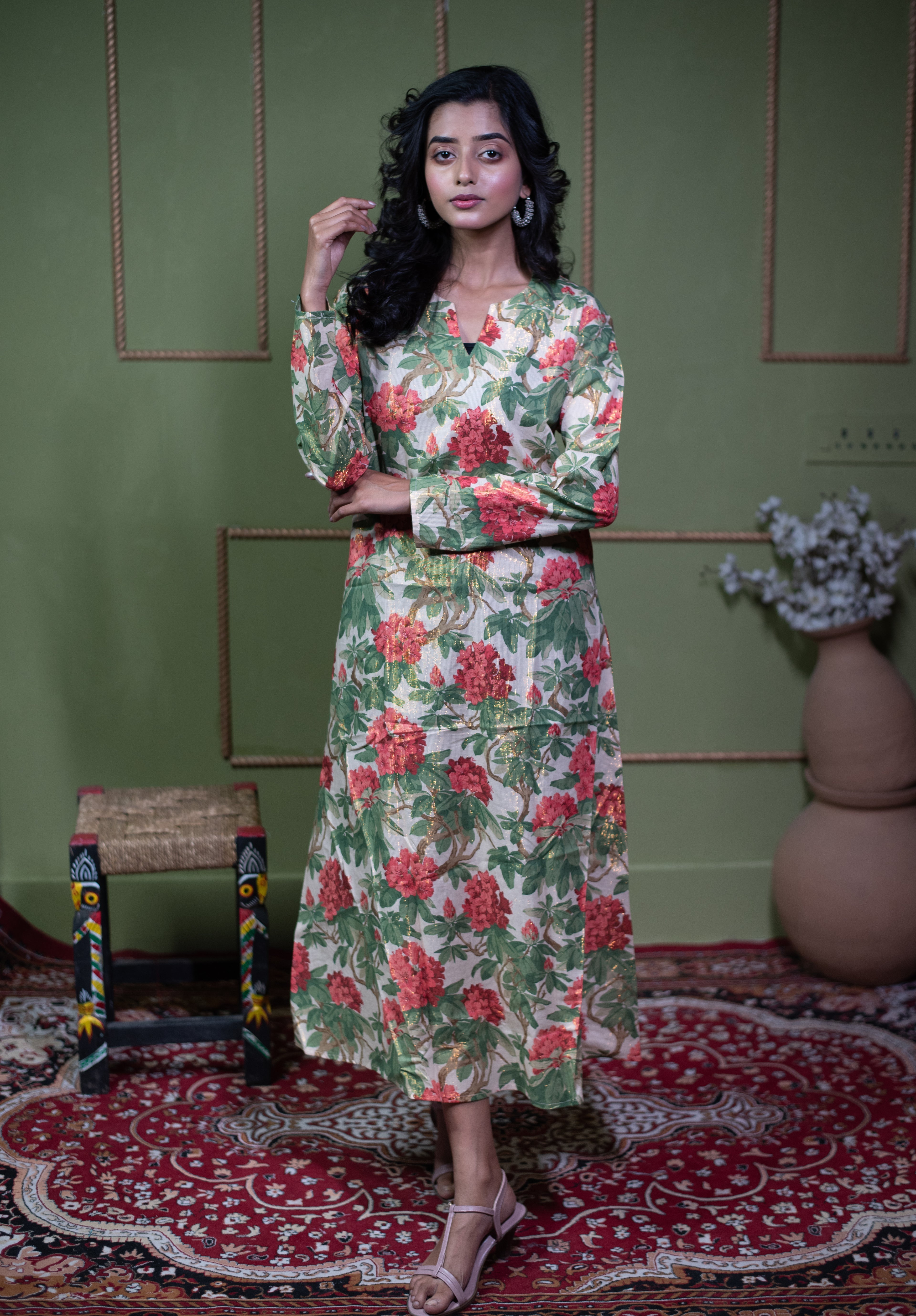 Kusum Vintage Rose – Pure Cotton Tissue Long A-Line Kurti