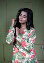 Kusum Vintage Rose – Pure Cotton Tissue Long A-Line Kurti