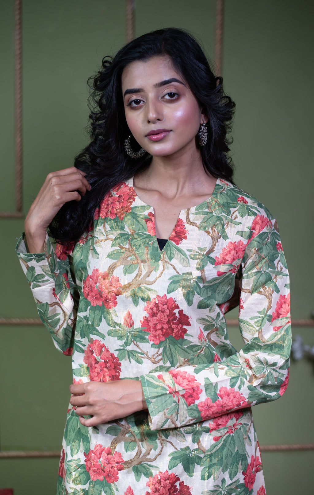 Kusum Vintage Rose – Pure Cotton Tissue Long A-Line Kurti