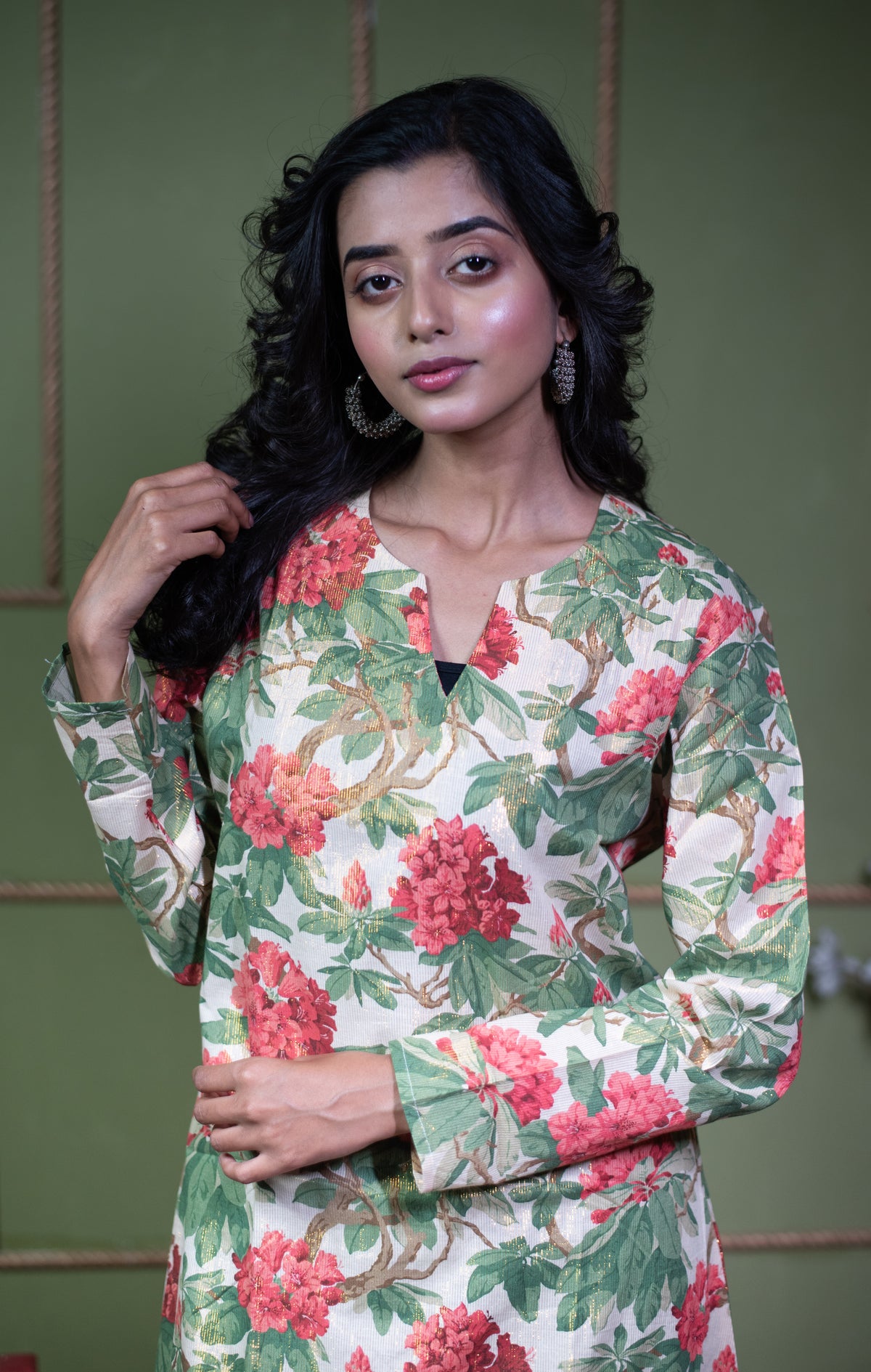 Kusum Vintage Rose – Pure Cotton Tissue Long A-Line Kurti