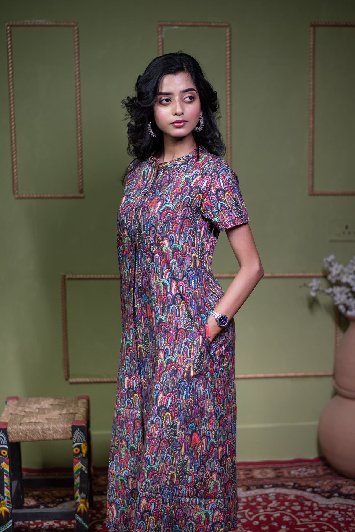 Aindri Mosaic Tapestry – Pure Cotton Arch-Print Shift Dress