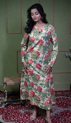 Kusum Vintage Rose – Pure Cotton Tissue Long A-Line Kurti
