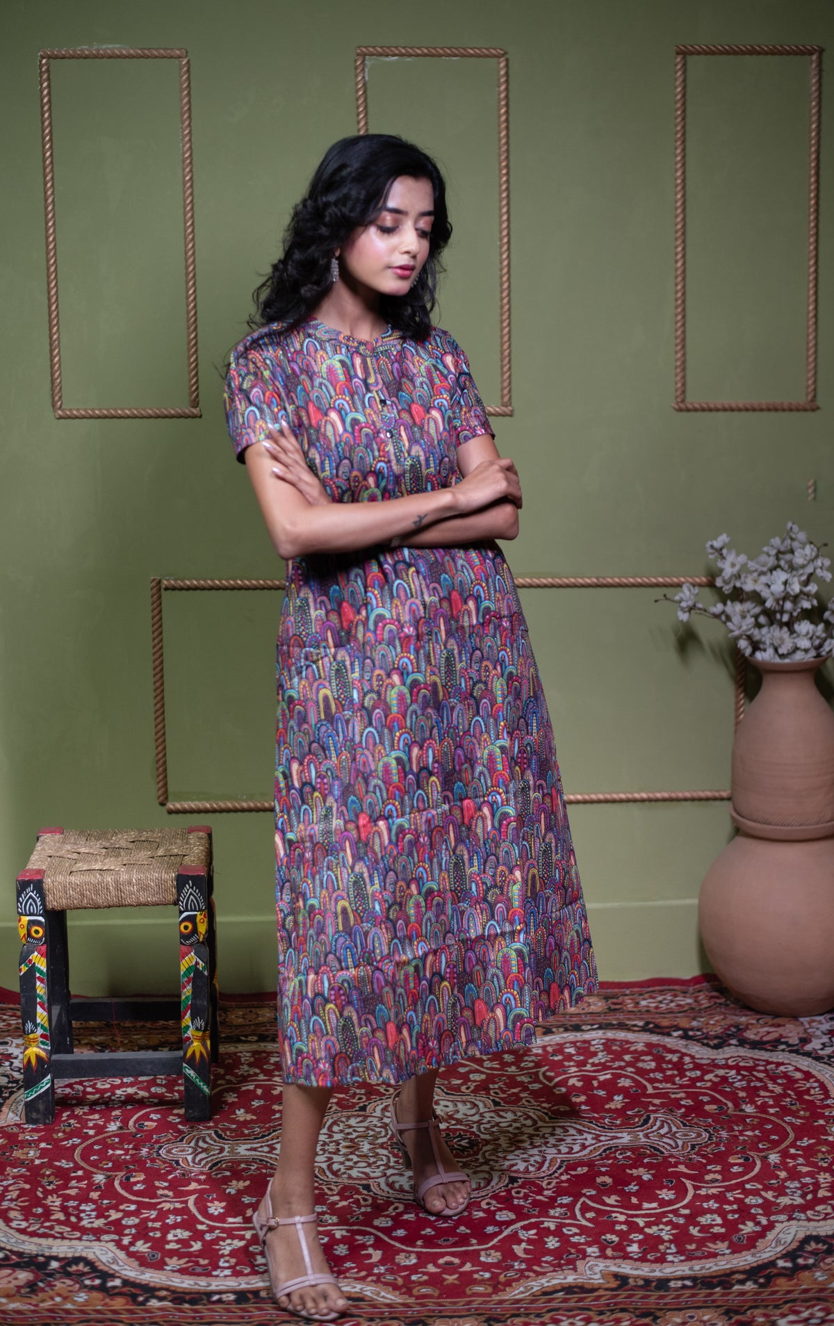 Aindri Mosaic Tapestry – Pure Cotton Arch-Print Shift Dress