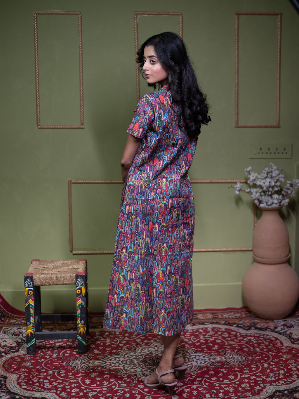 Aindri Mosaic Tapestry – Pure Cotton Arch-Print Shift Dress