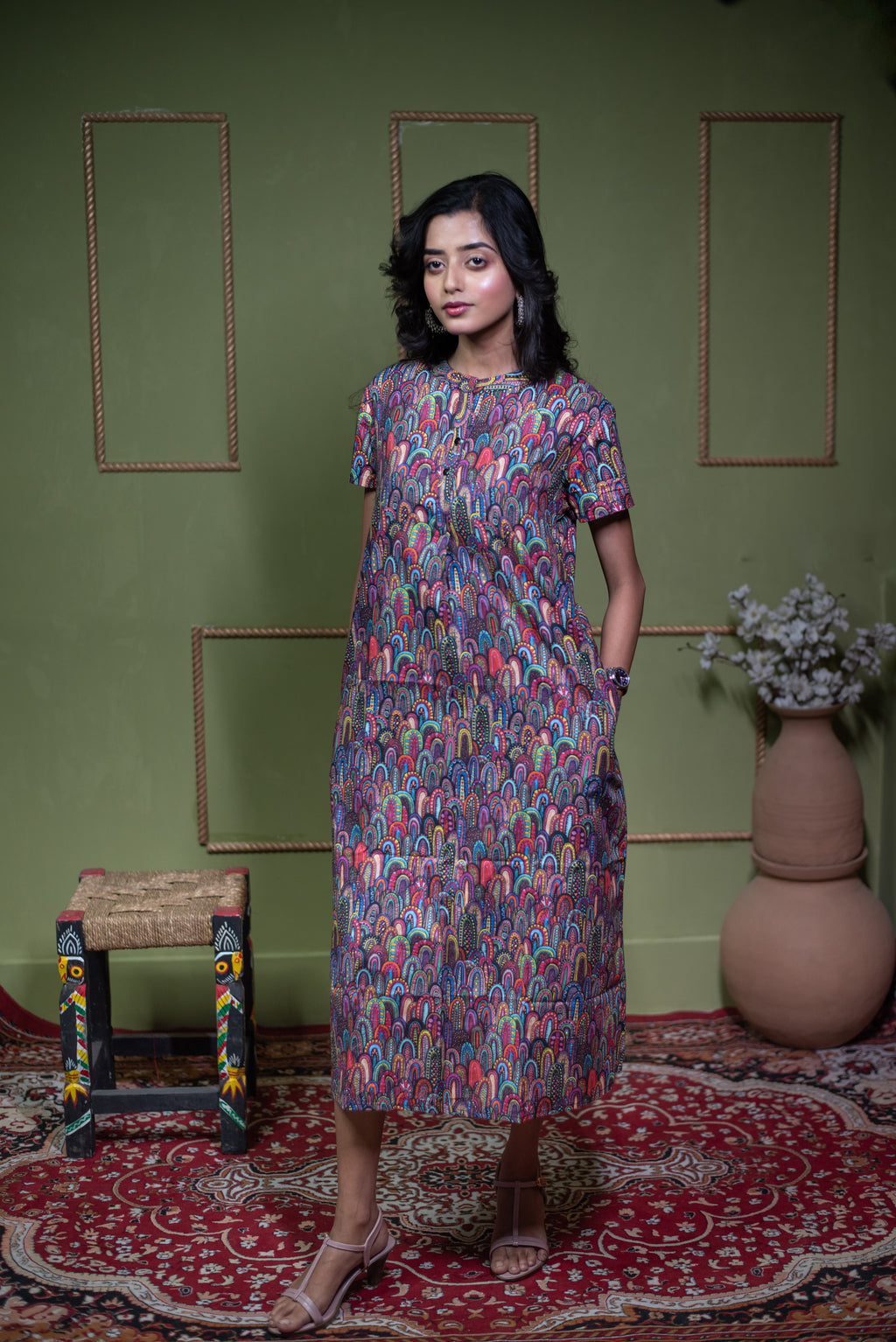 Aindri Mosaic Tapestry – Pure Cotton Arch-Print Shift Dress