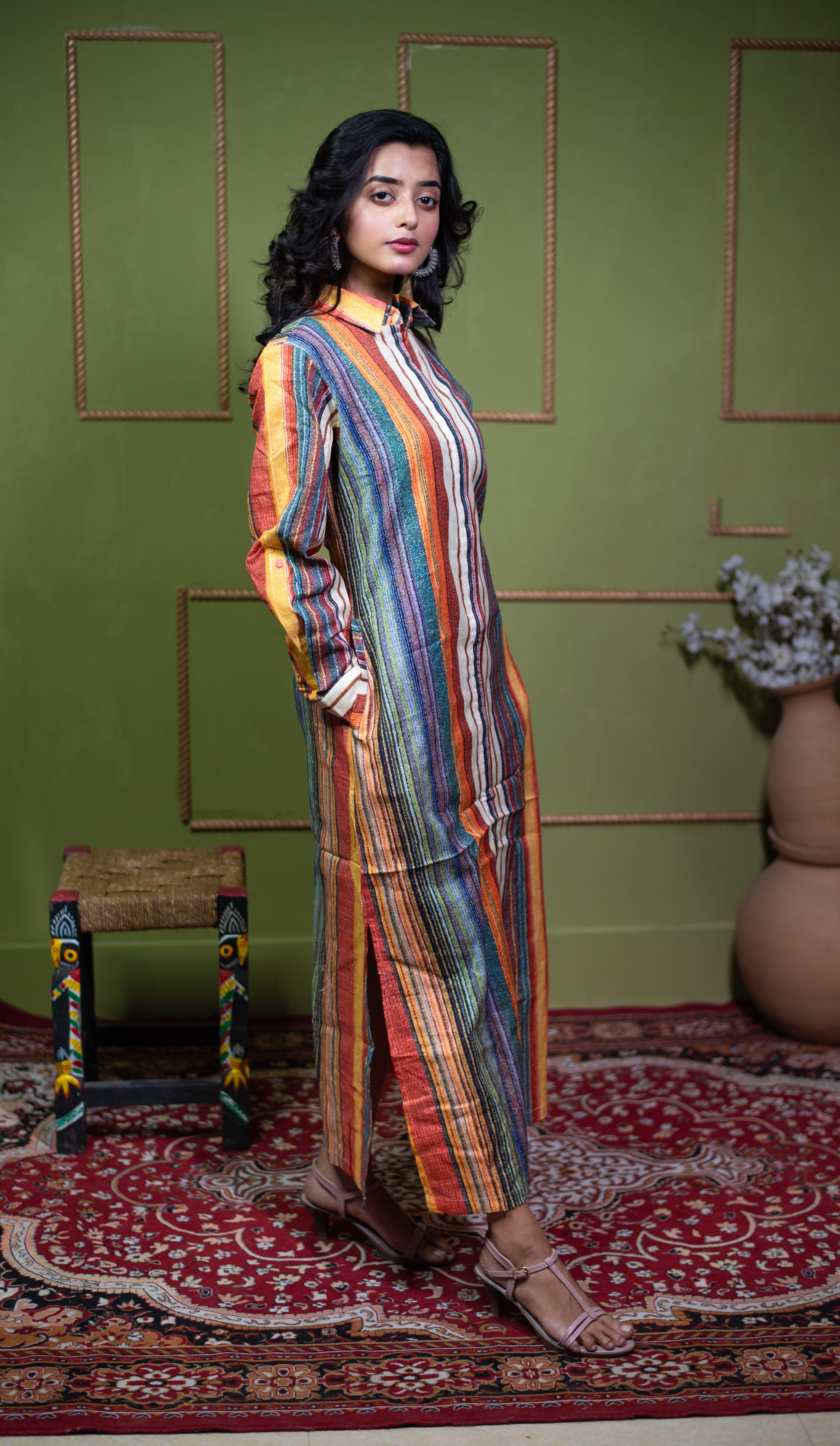 Aindri Chromatic Stripe Long Shirt Dress