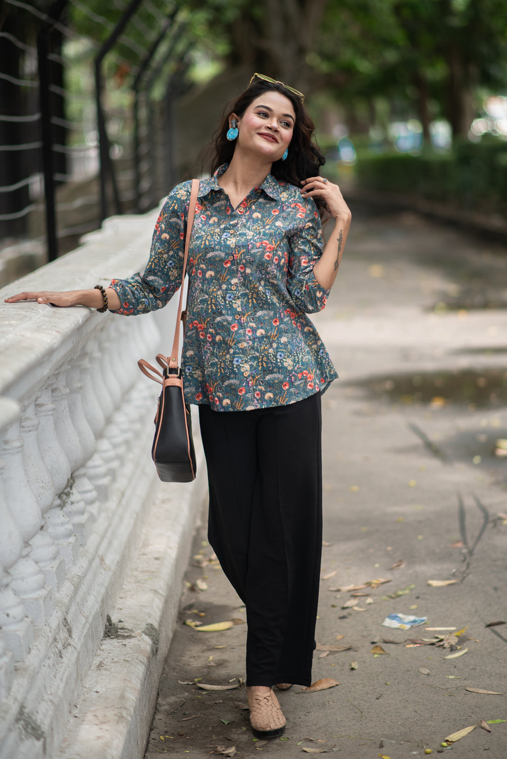 Kusum Midnight Meadow – Pure Cotton Floral Button-Down Shirt