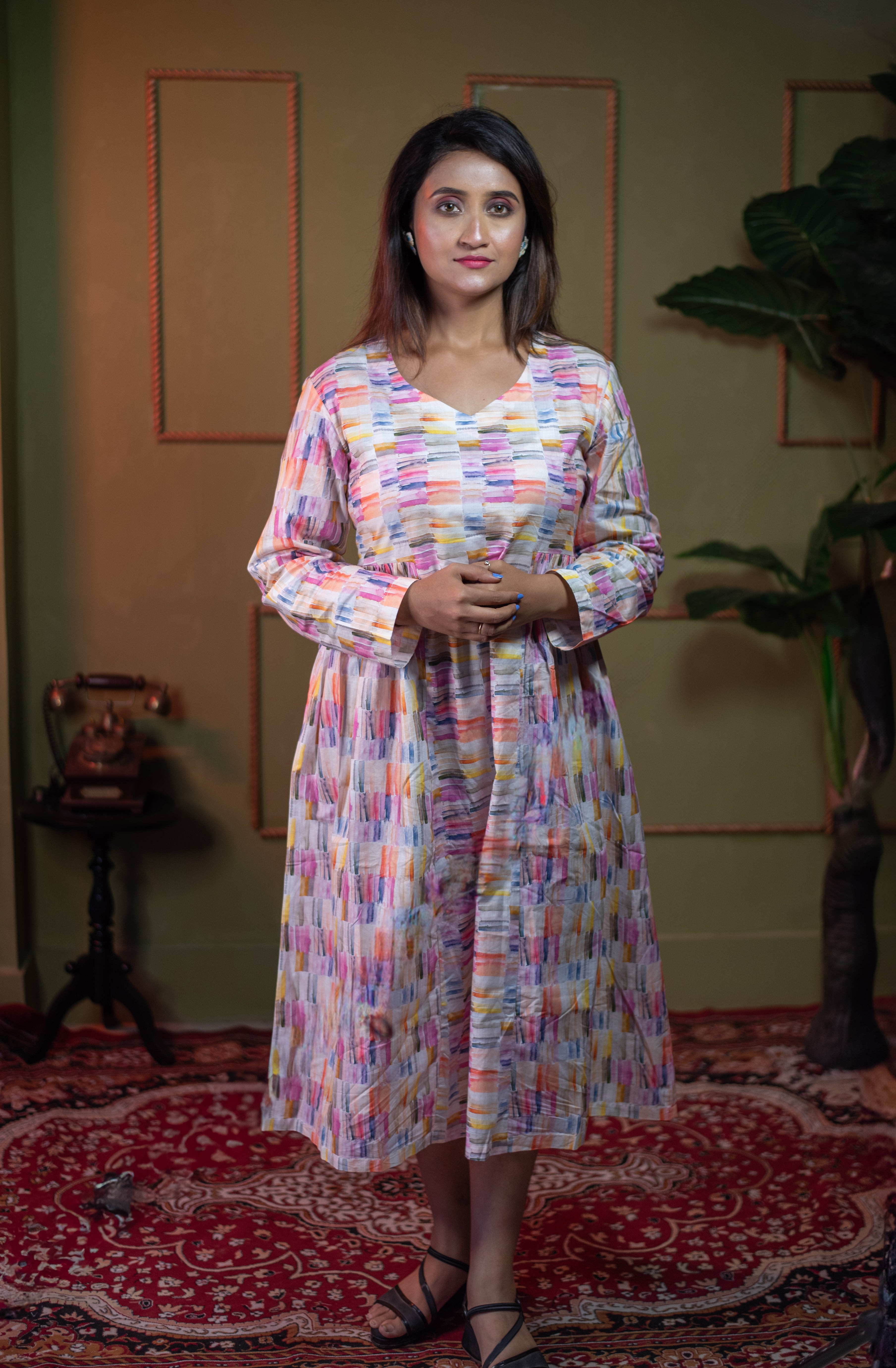 Aindri Watercolor Bloom Flare – Pure Cotton Modal Dress