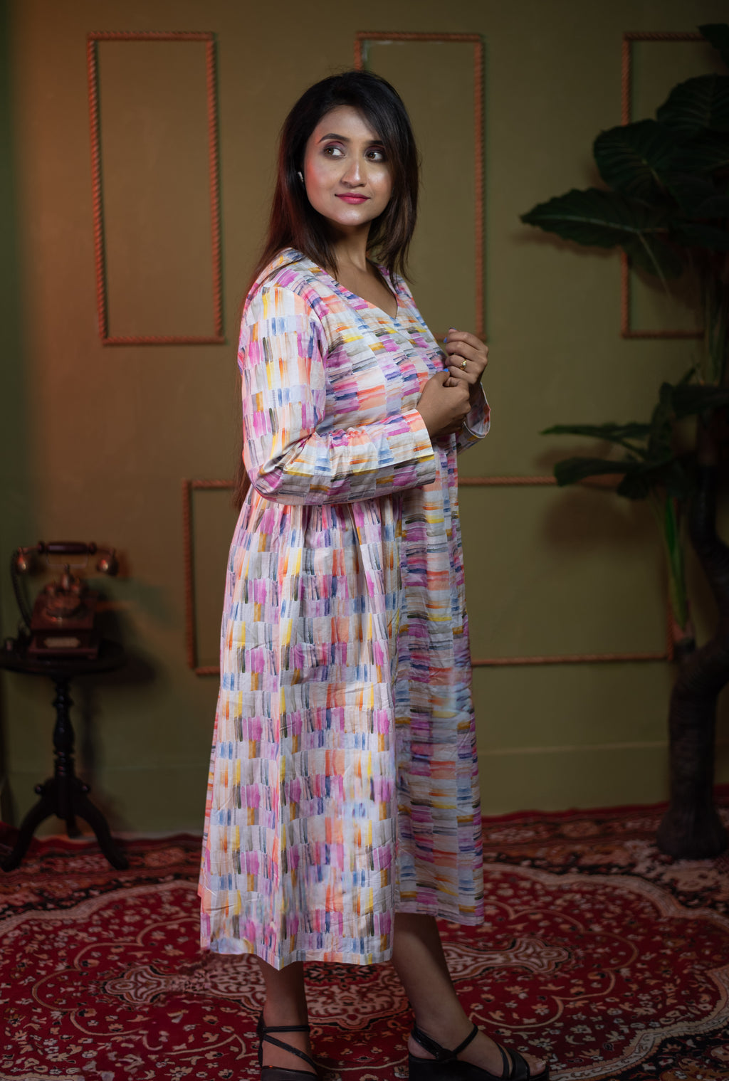 Aindri Watercolor Bloom Flare – Pure Cotton Modal Dress