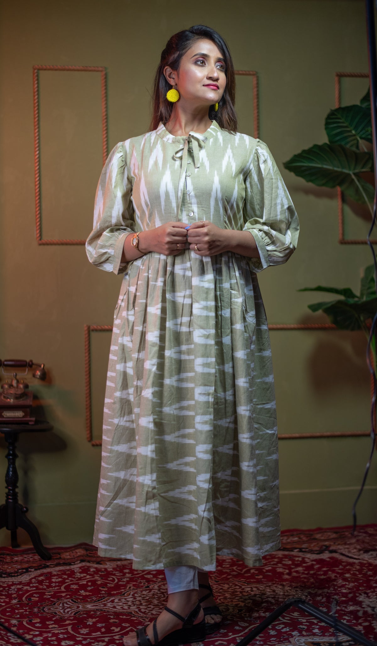 Aindri Olive-Mist Cotton Ikat Long Dress