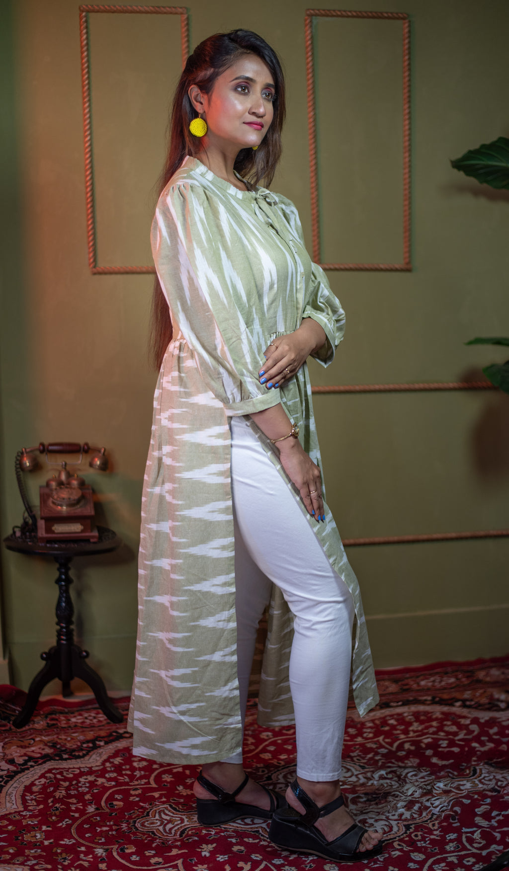 Aindri Olive-Mist Cotton Ikat Long Dress