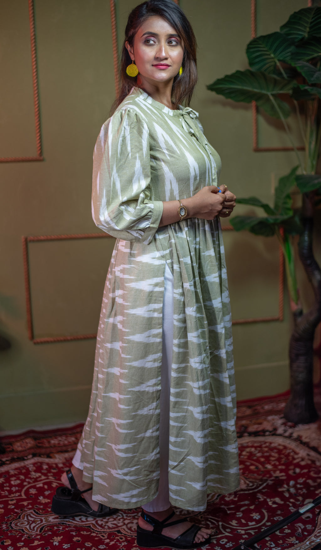 Aindri Olive-Mist Cotton Ikat Long Dress