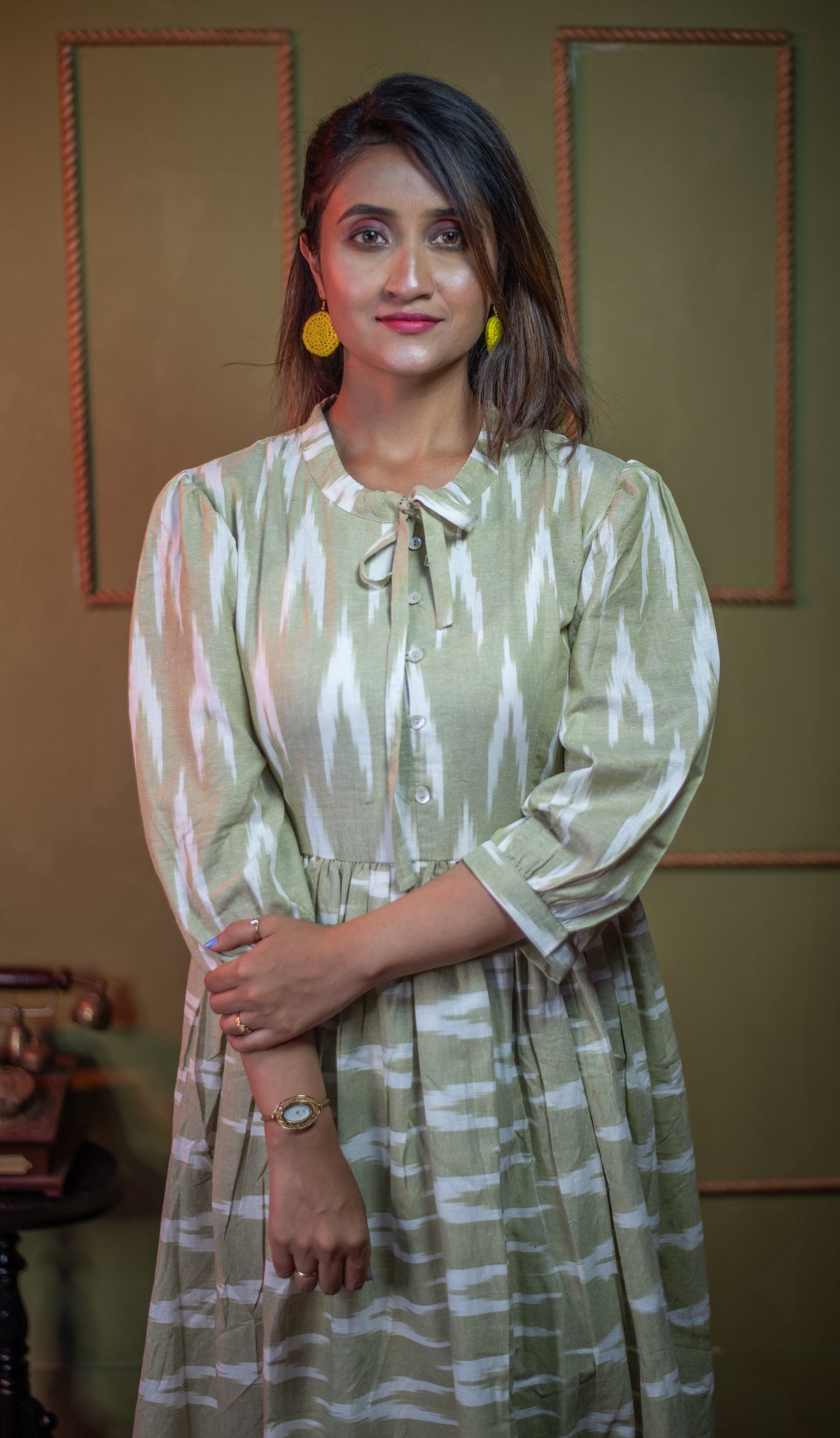 Aindri Olive-Mist Cotton Ikat Long Dress